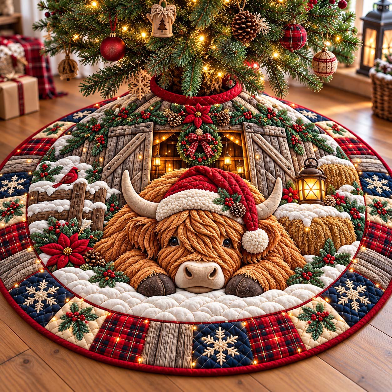 Highland Christmas Barn Quilted Tree Skirt