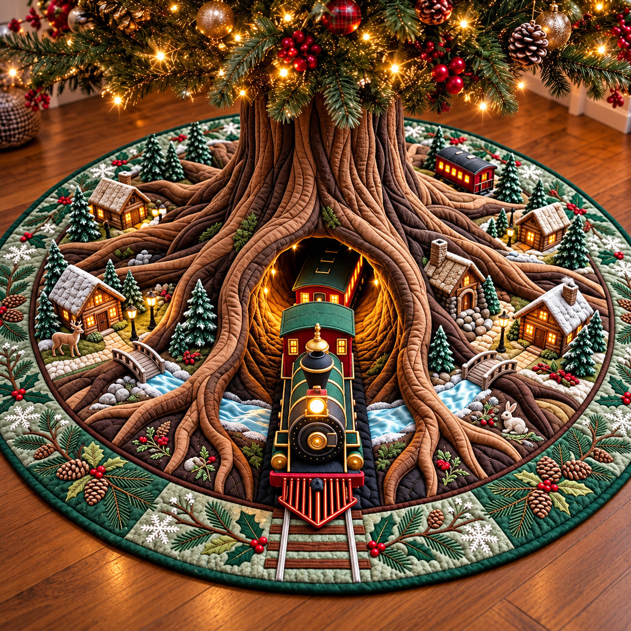 Christmas Train Quilted Tree Skirt