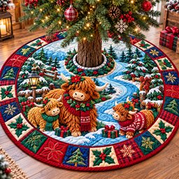 Christmas Highland Cow Magic Quilted Tree Skirt