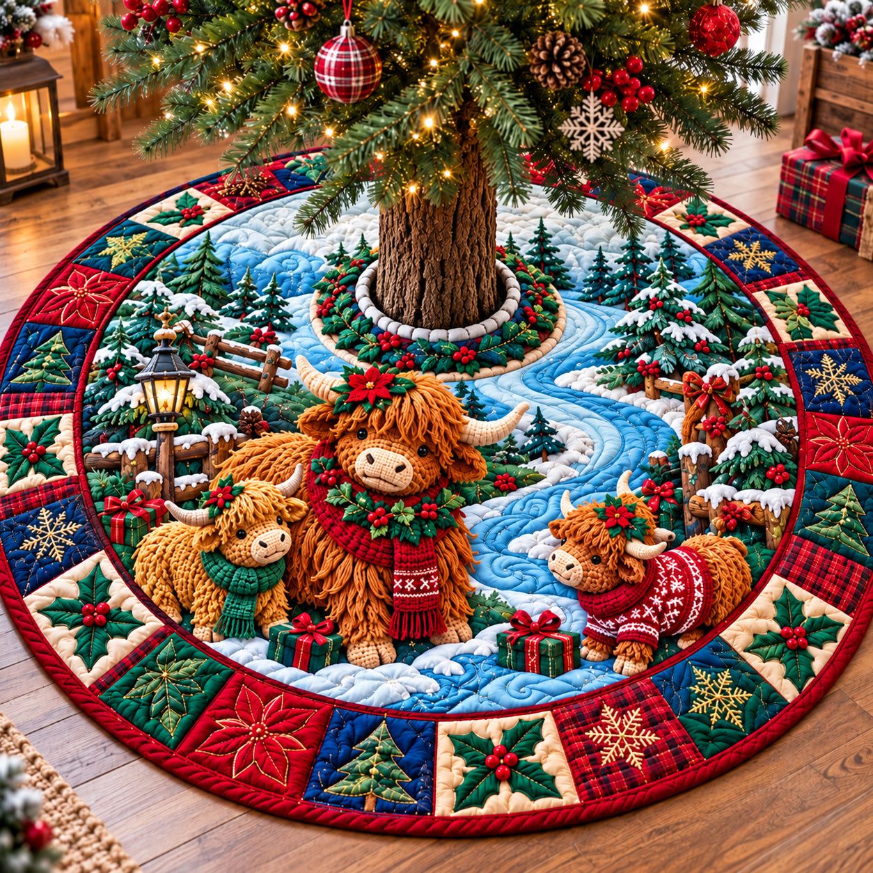 Christmas Highland Cow Magic Quilted Tree Skirt