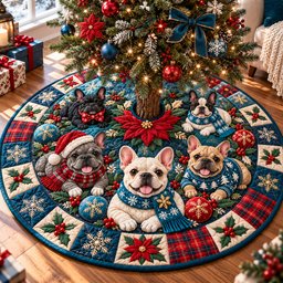Christmas French Bulldog Cheer Quilted Tree Skirt