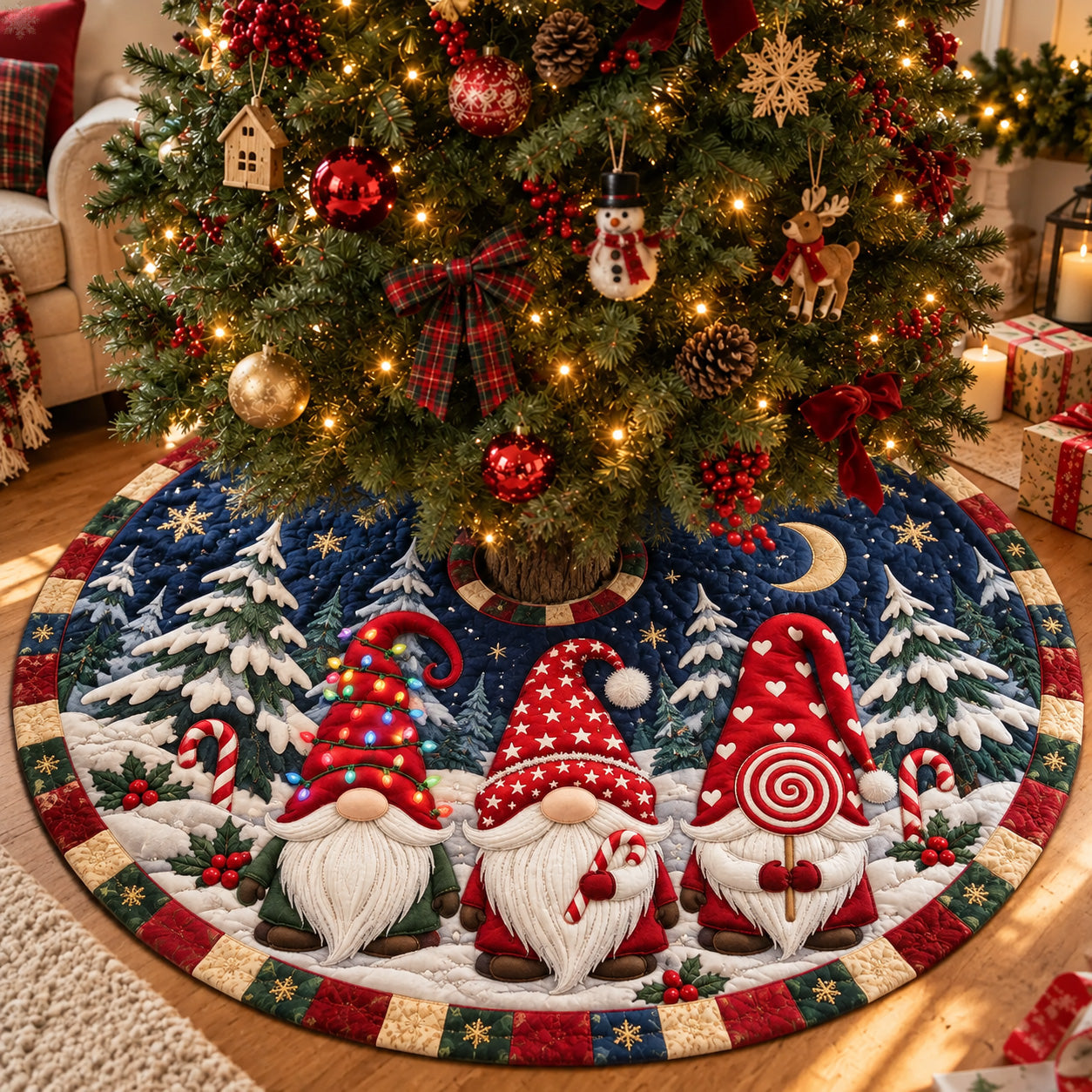 Christmas Gnome Candy Friends Quilted Tree Skirt