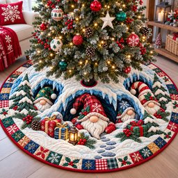 Gnomes Happy Gathering Quilted Tree Skirt