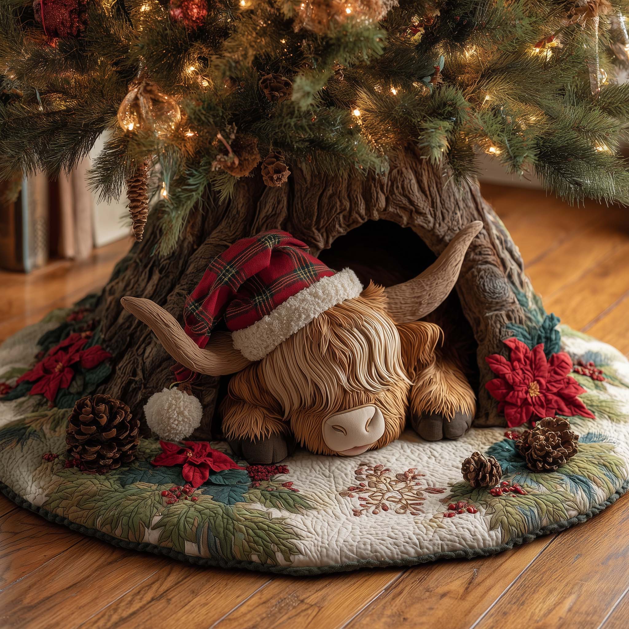 Holiday Highland Cow Quilted Tree Skirt
