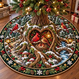 Winter Cardinal Nest Quilted Tree Skirt