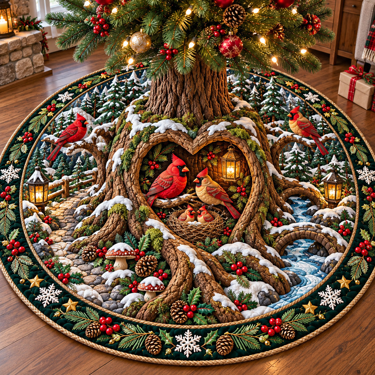 Winter Cardinal Nest Quilted Tree Skirt