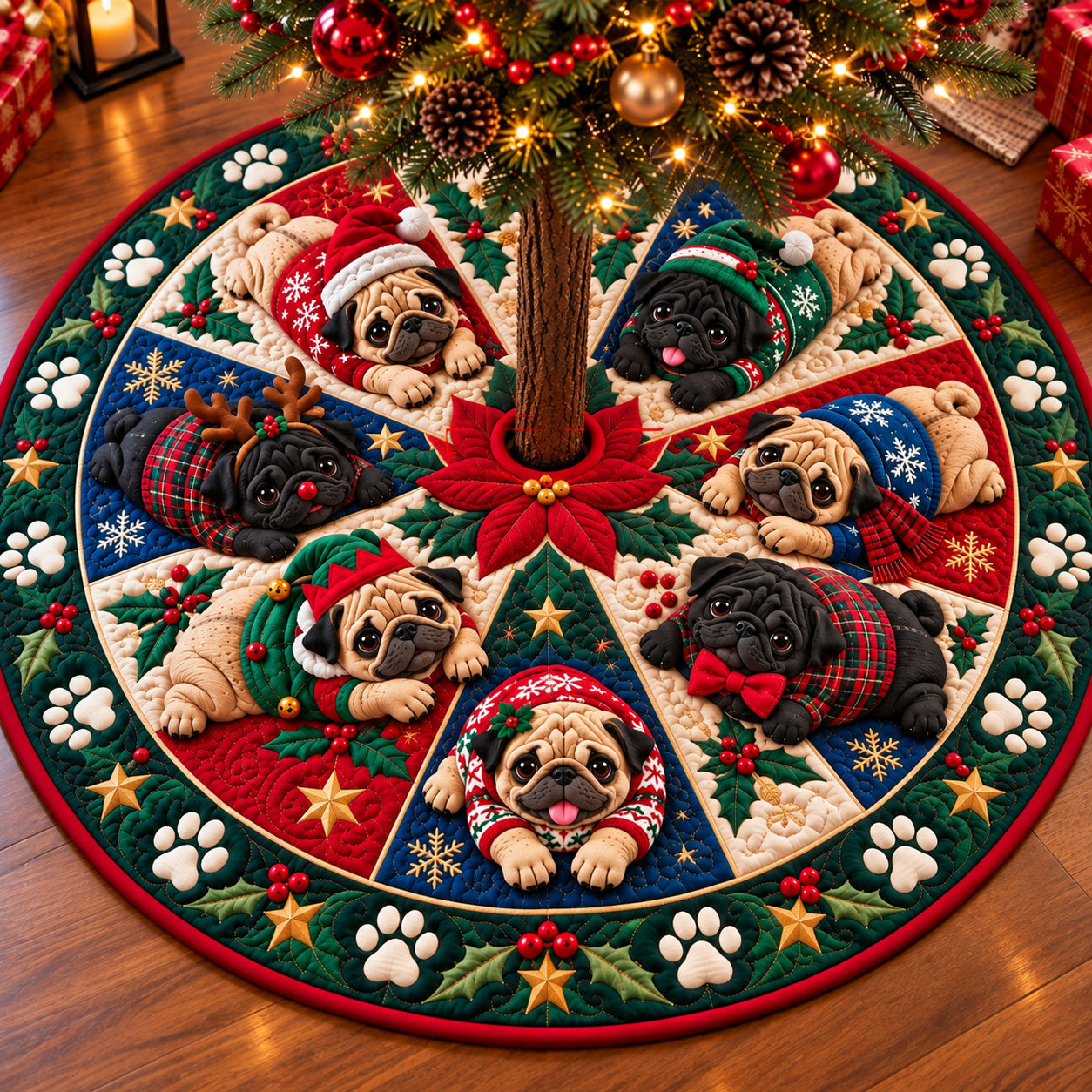 Christmas Pug Wonderland Quilted Tree Skirt
