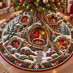 Winter Cardinal Nest Quilted Tree Skirt