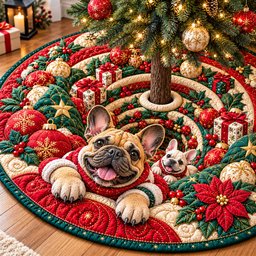 Christmas French Bulldog Adventure Quilted Tree Skirt