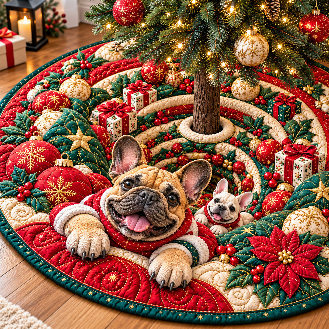 Christmas French Bulldog Adventure Quilted Tree Skirt