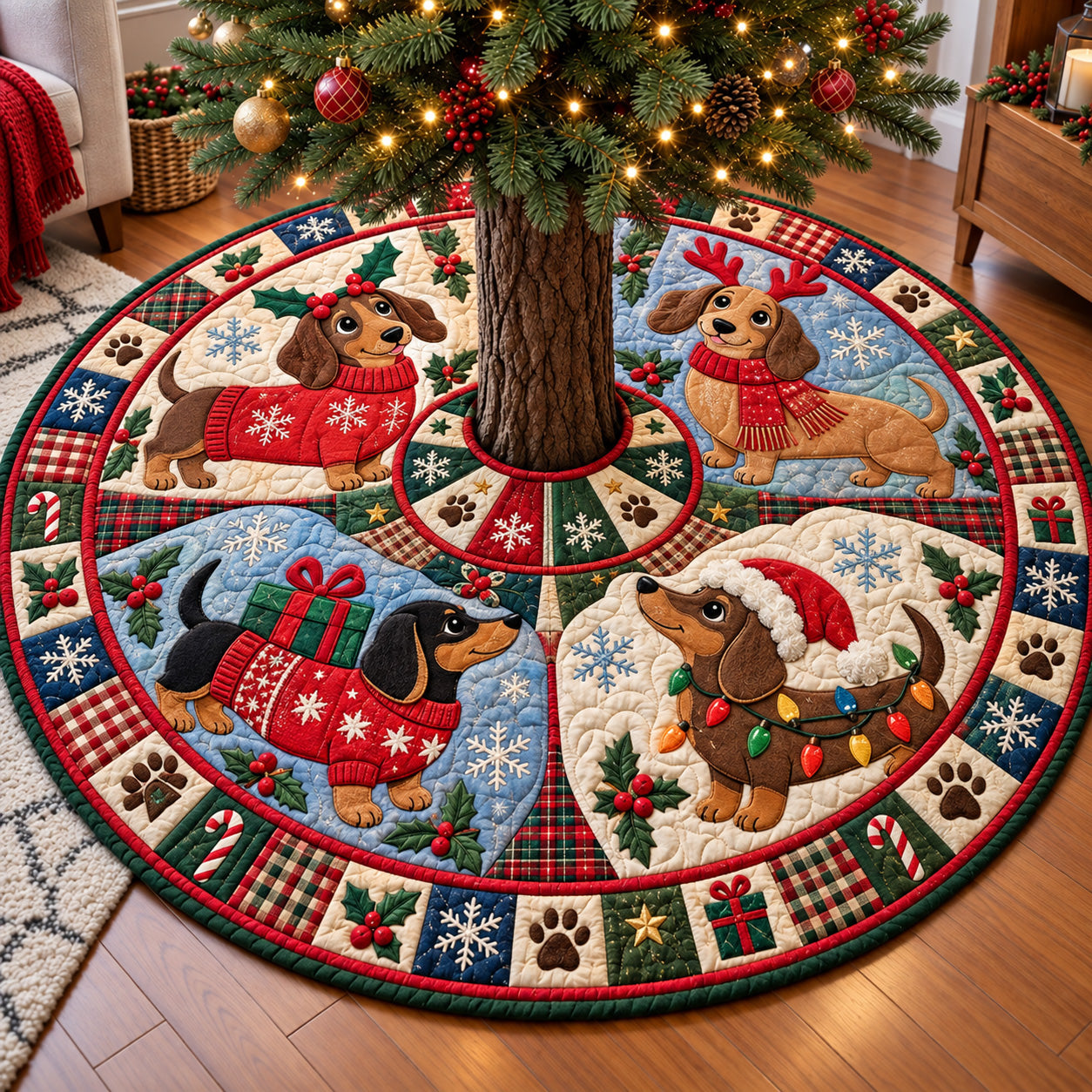 Dachshund Christmas Wishes Quilted Tree Skirt