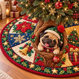 Christmas Pug Wishes Quilted Tree Skirt