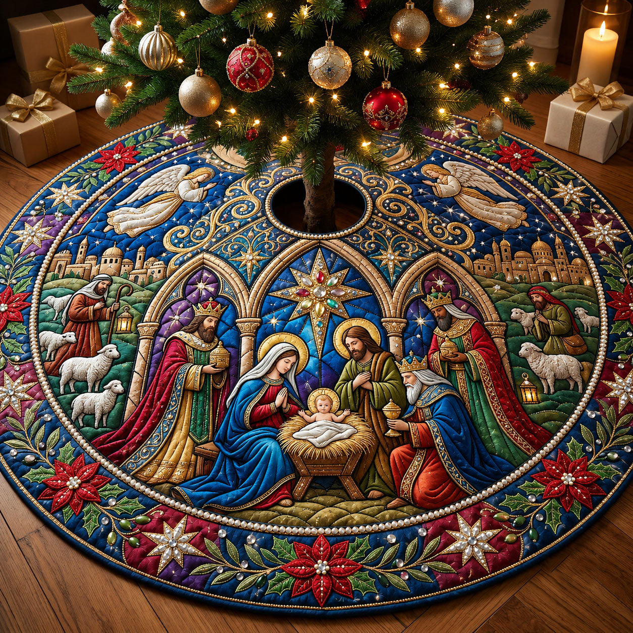 Jeweled Nativity Quilted Tree Skirt