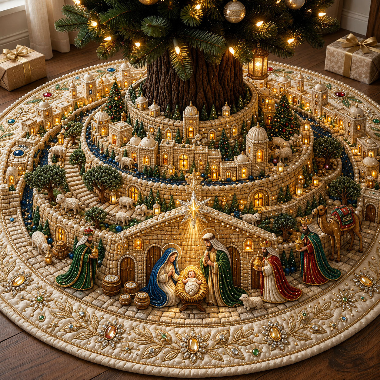 Jeweled Nativity Quilted Tree Skirt