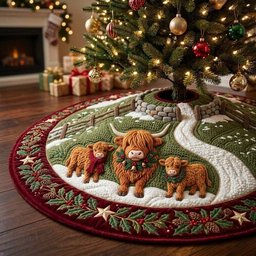Highland Christmas Pasture Quilted Tree Skirt