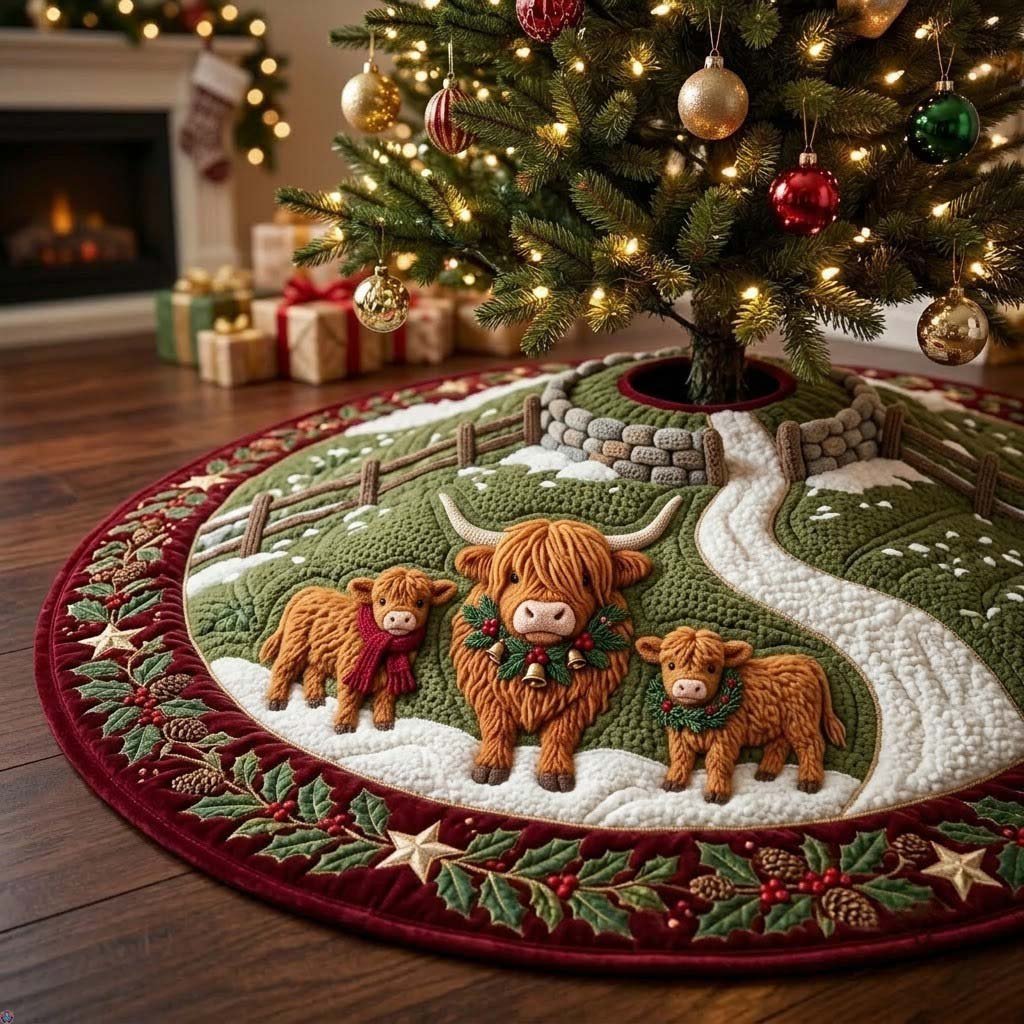 Highland Christmas Pasture Quilted Tree Skirt