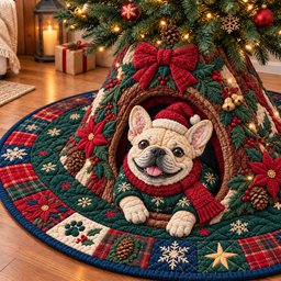 Christmas French Bulldog Wishes Quilted Tree Skirt