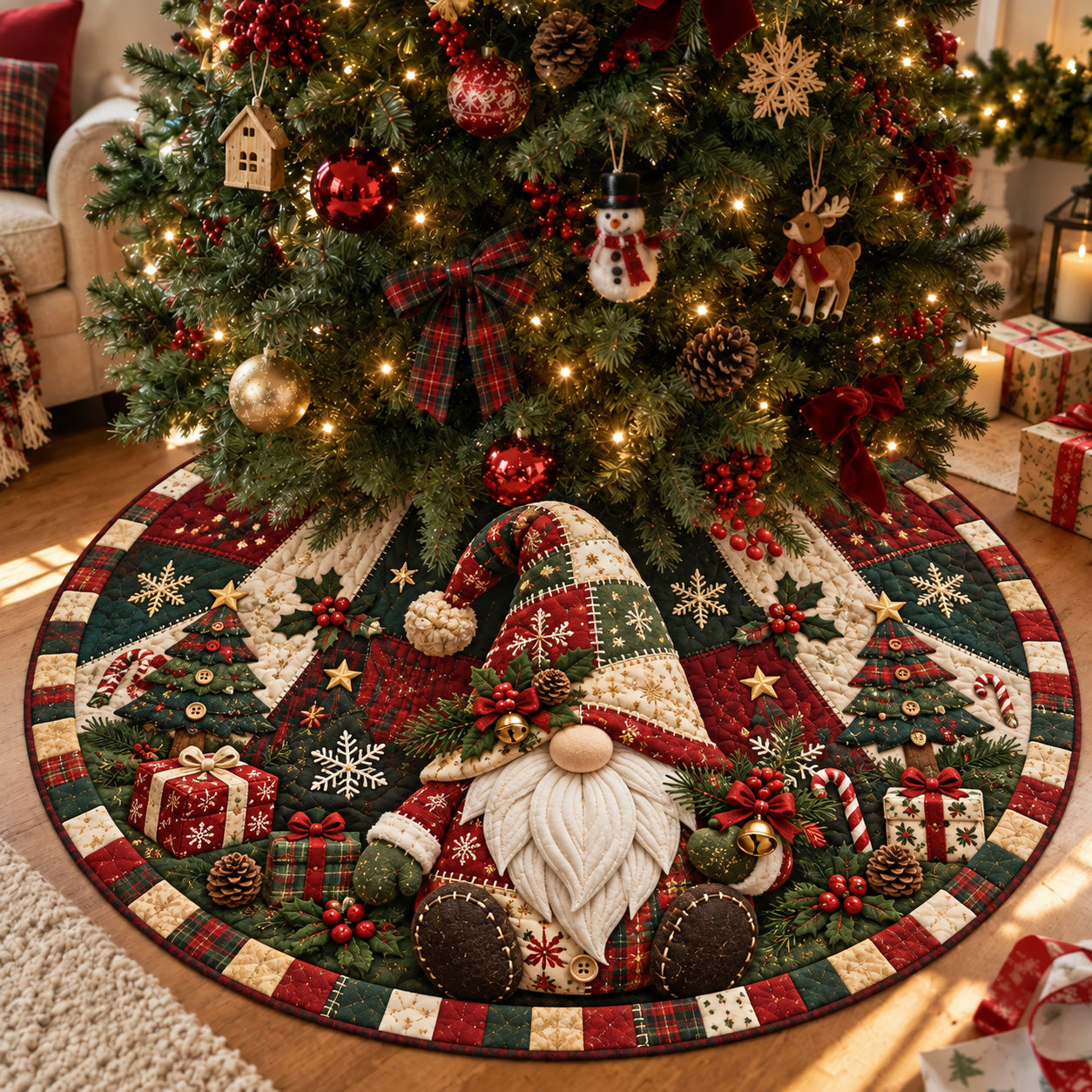 Patchwork Christmas Gnome Quilted Tree Skirt