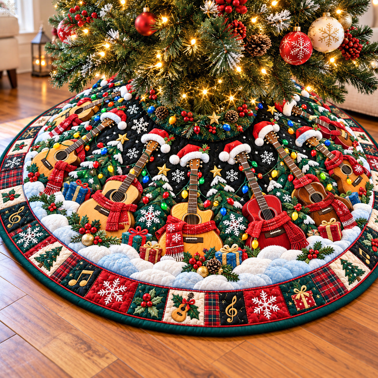 Cozy Christmas Guitar Band Quilted Tree Skirt