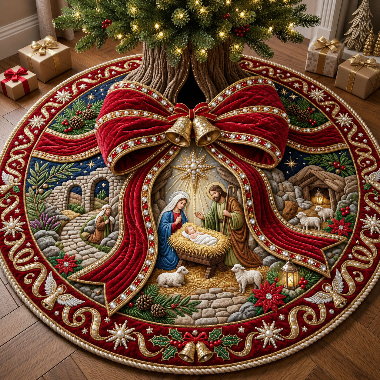Jeweled Nativity Quilted Tree Skirt