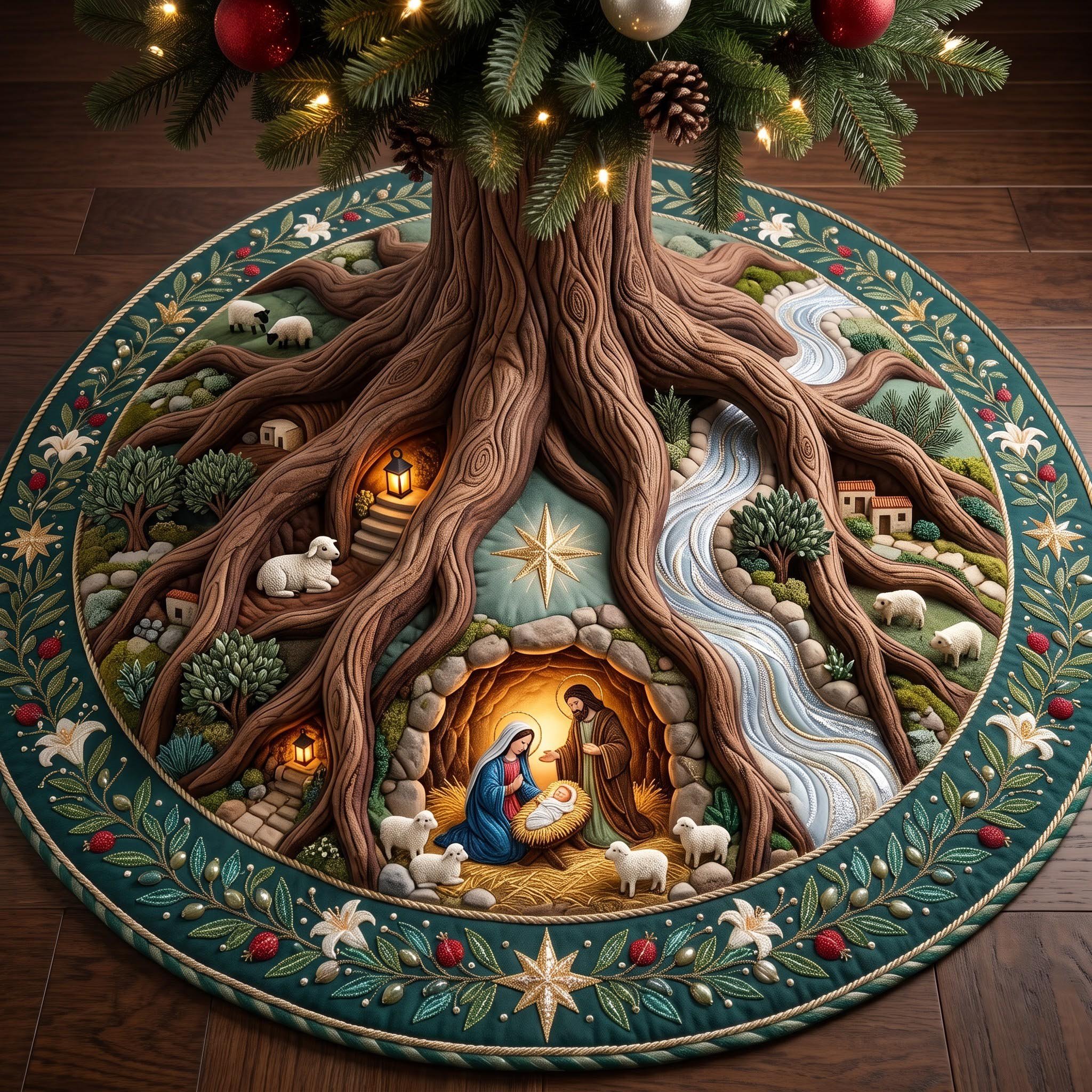 Nativity Village Quilted Tree Skirt