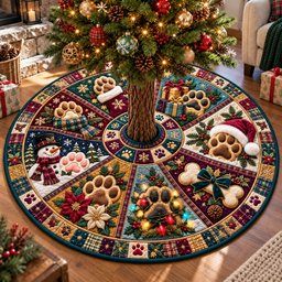 Festive Paws And Snowflakes Quilted Tree Skirt