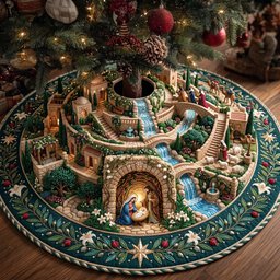 Christmas Nativity Village Quilted Tree Skirt
