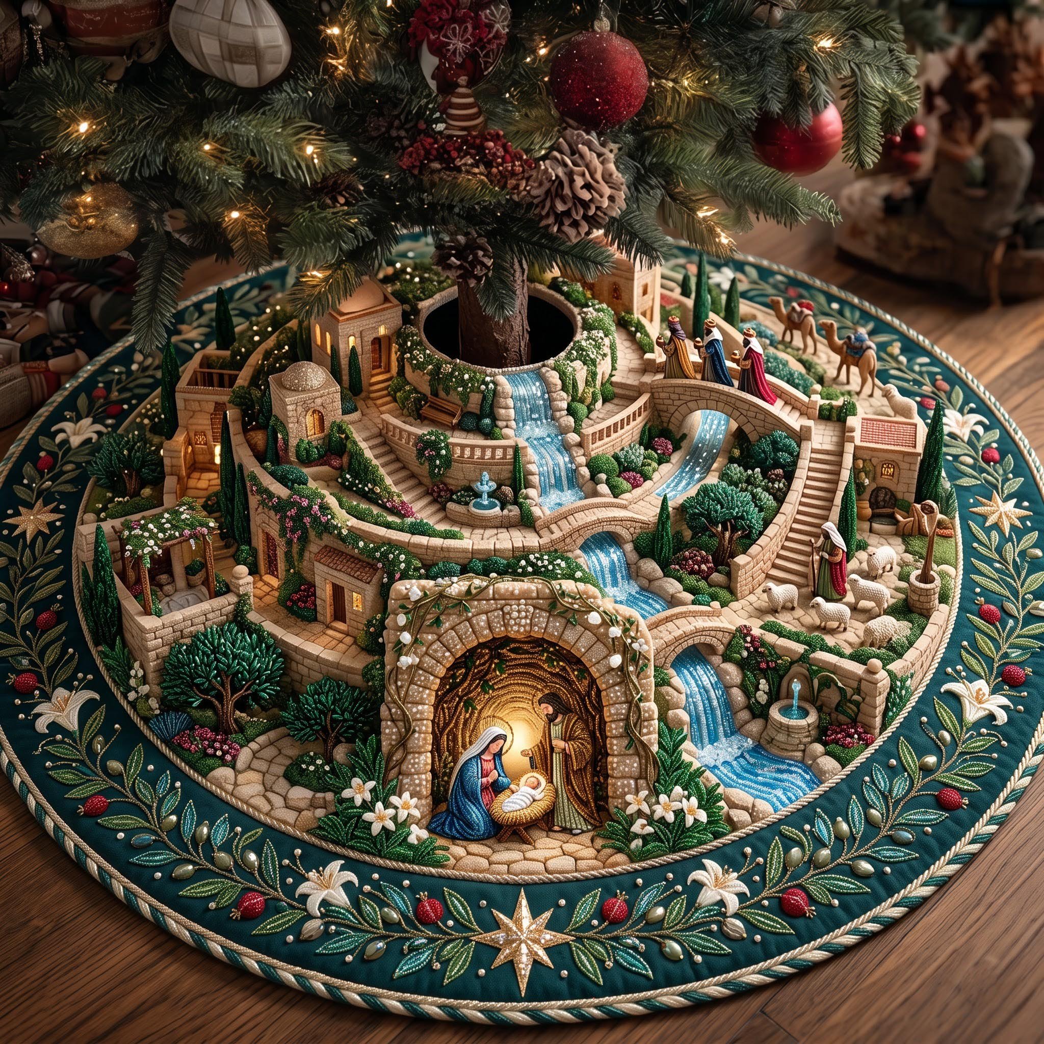 Christmas Nativity Village Quilted Tree Skirt