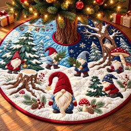 Snowy Gnome Forest Quilted Tree Skirt