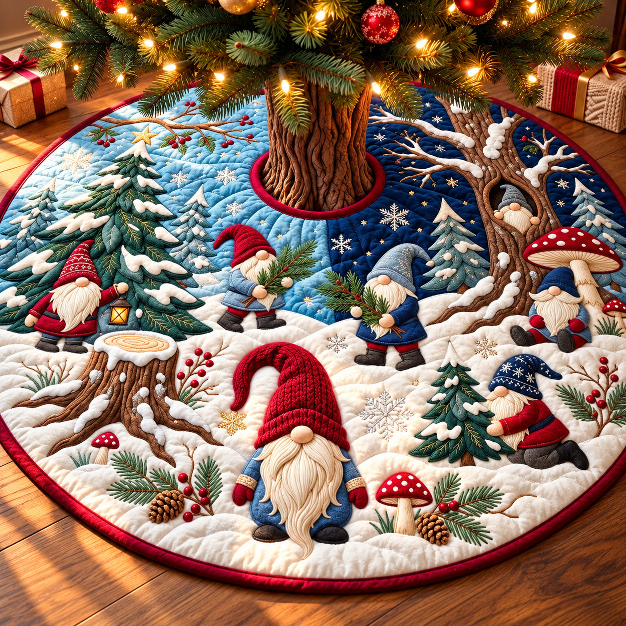 Snowy Gnome Forest Quilted Tree Skirt