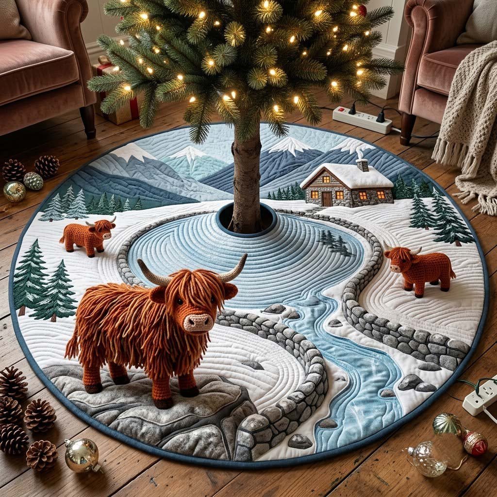 Highland Christmas Pasture Quilted Tree Skirt