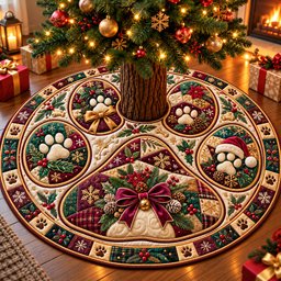 Christmas Paw Print Wishes Quilted Tree Skirt