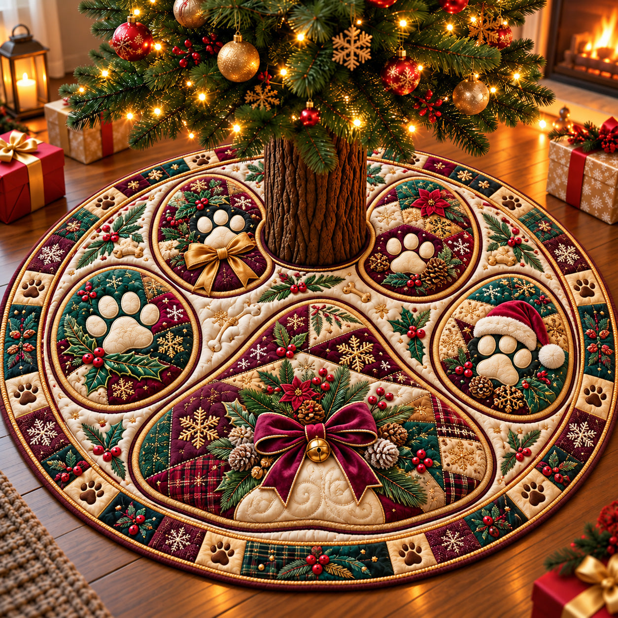 Christmas Paw Print Wishes Quilted Tree Skirt