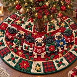 Christmas Pug Joy Quilted Tree Skirt