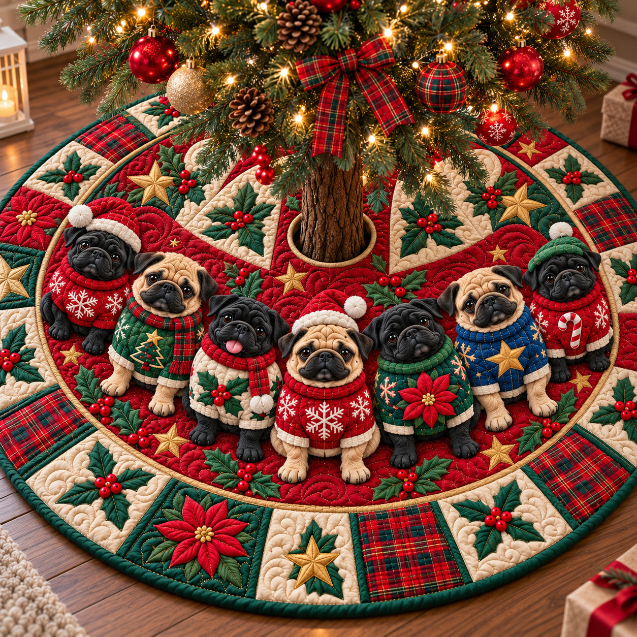 Christmas Pug Joy Quilted Tree Skirt
