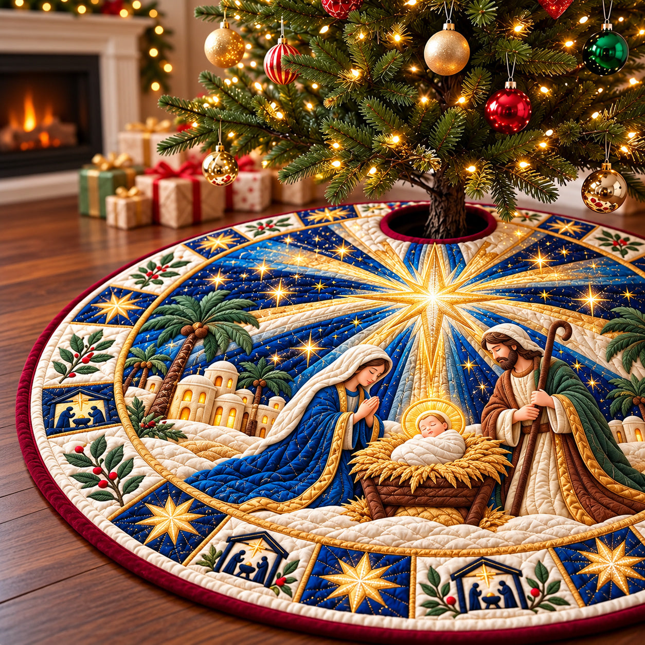 Nativity Bethlehem Blessing Quilted Tree Skirt
