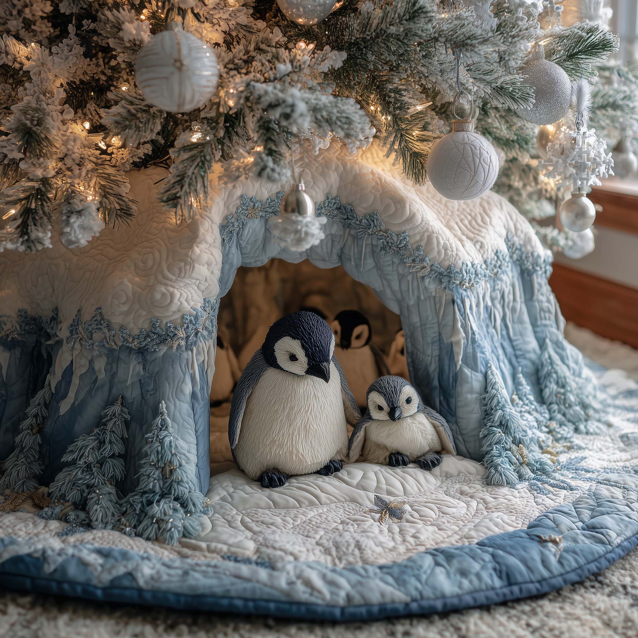 Cozy Penguin Family Quilted Tree Skirt