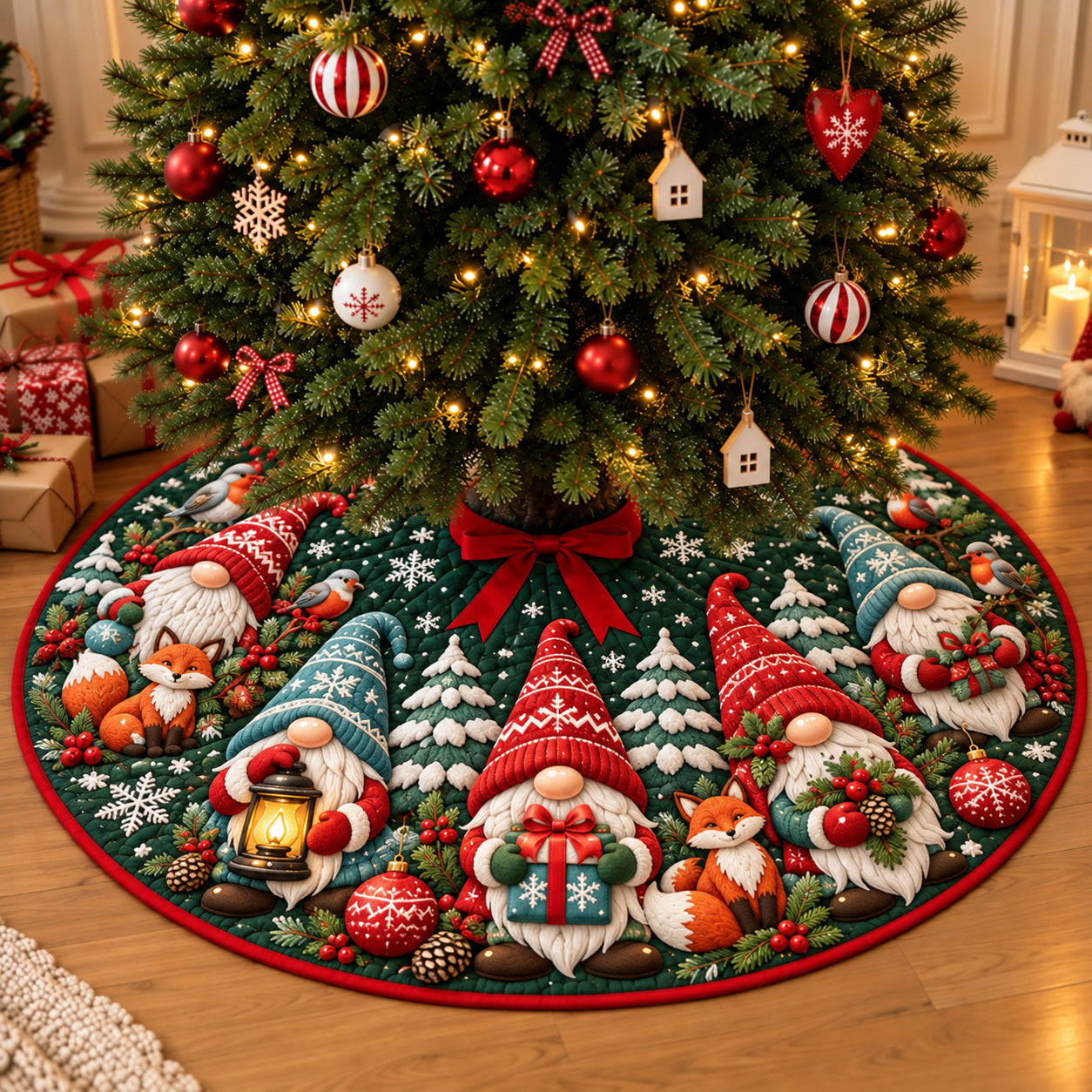 Woodland Christmas Gnomes Quilted Tree Skirt