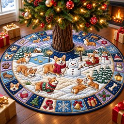 Corgi Christmas Snowy Day Quilted Tree Skirt