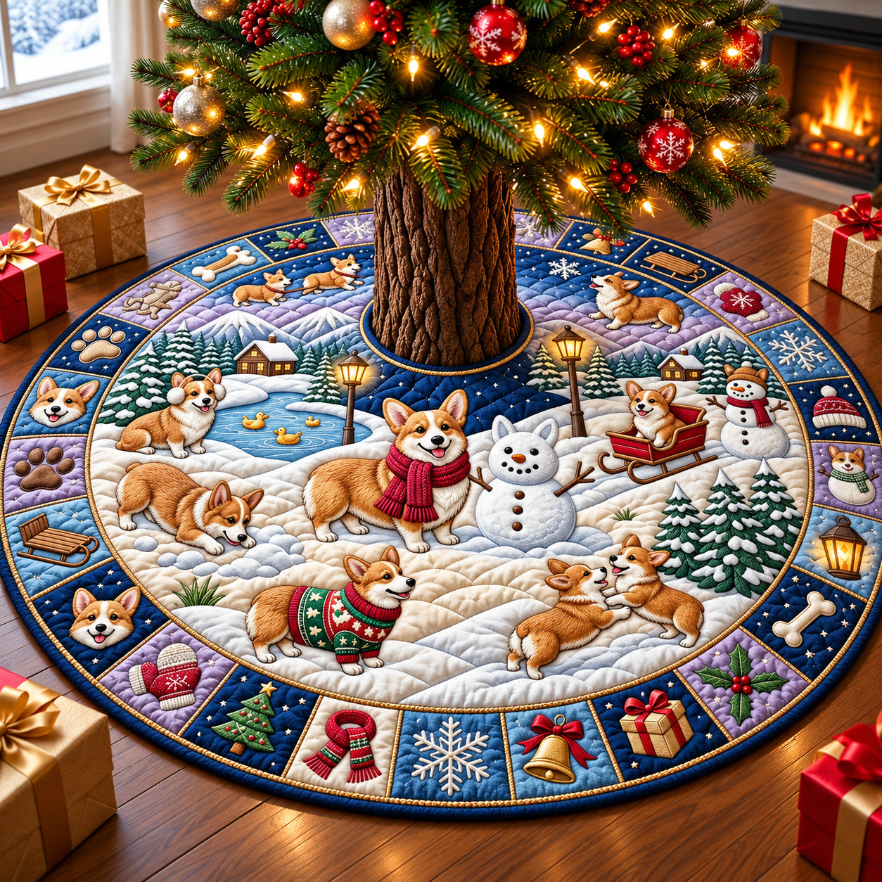 Corgi Christmas Snowy Day Quilted Tree Skirt