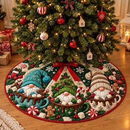 Hot Cocoa Christmas Gnomes Quilted Tree Skirt