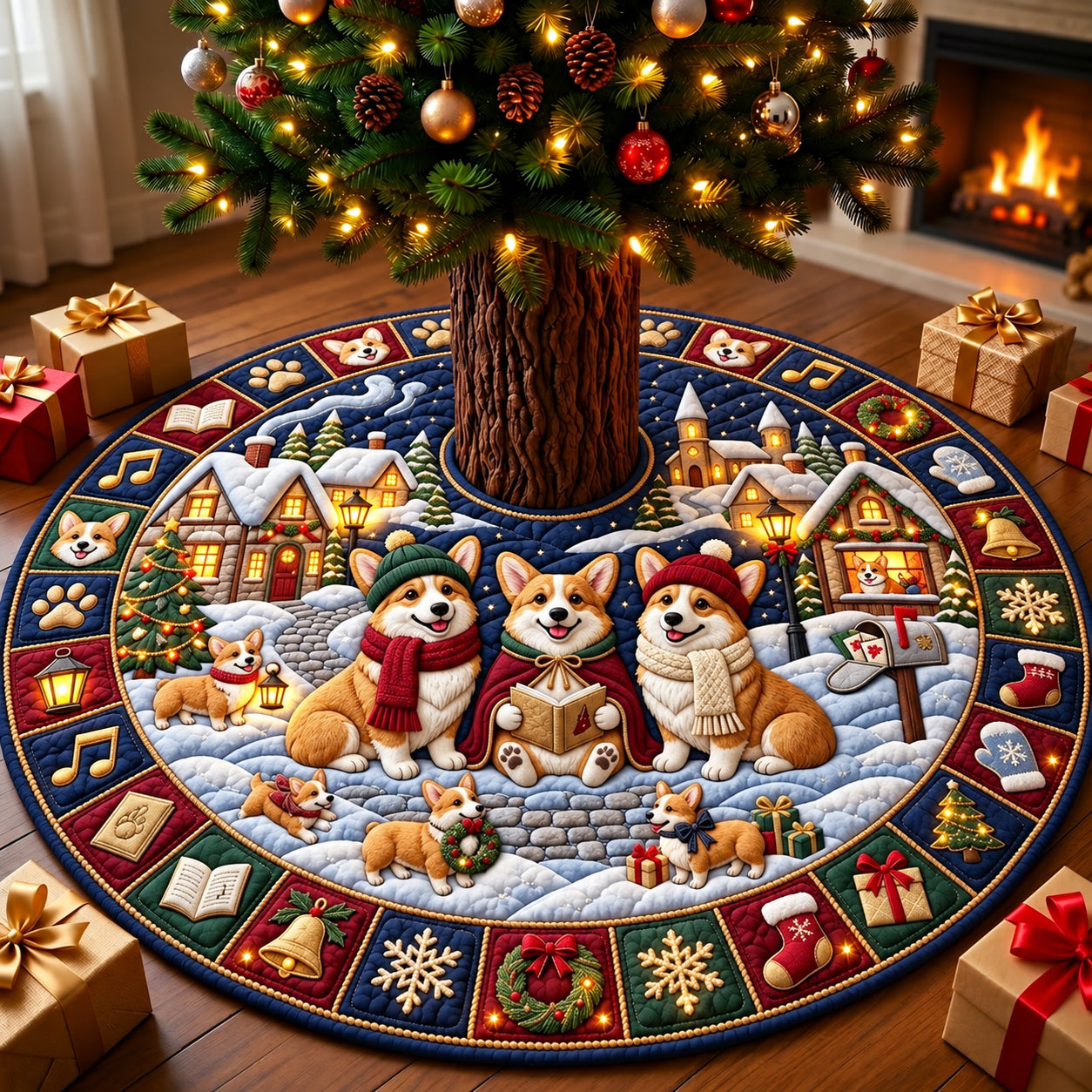 Corgi Christmas Carolers Quilted Tree Skirt