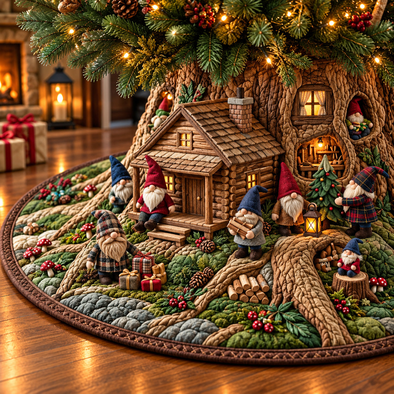 Cozy Gnome Cabin Quilted Tree Skirt