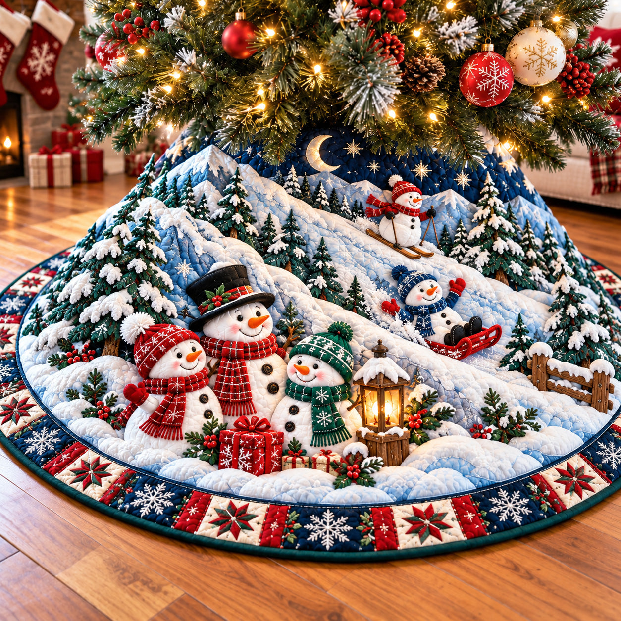 Snowman Mountain Adventure Quilted Tree Skirt