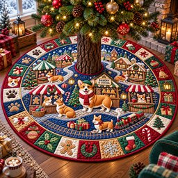 Corgi Christmas Market Quilted Tree Skirt