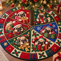 Christmas Pug Adventure Quilted Tree Skirt