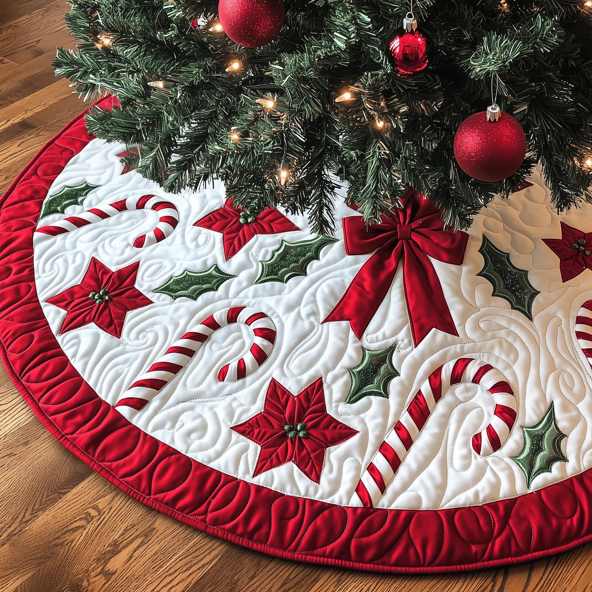 Christmas Candy Canes Quilted Tree Skirt