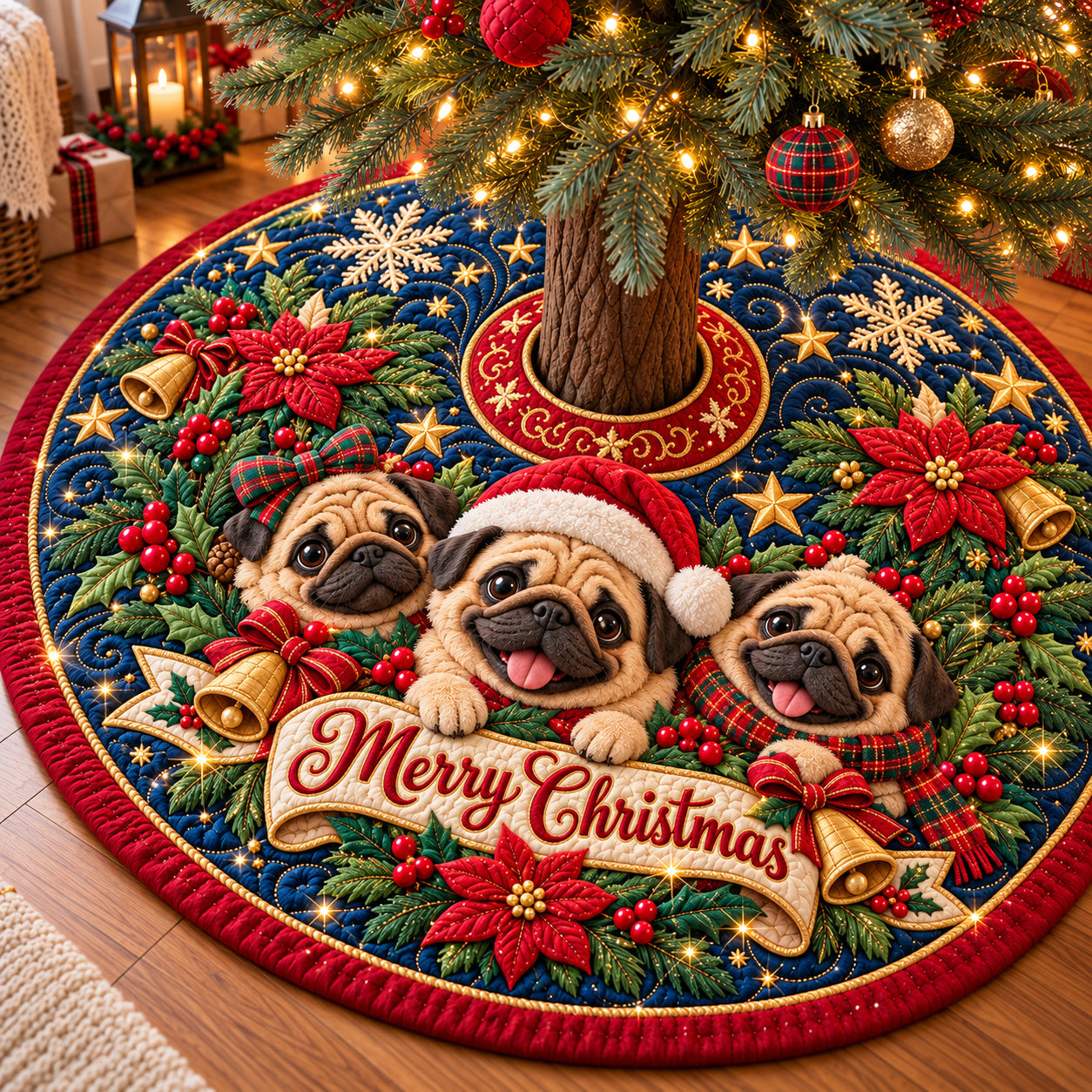 Christmas Pug Parade Quilted Tree Skirt