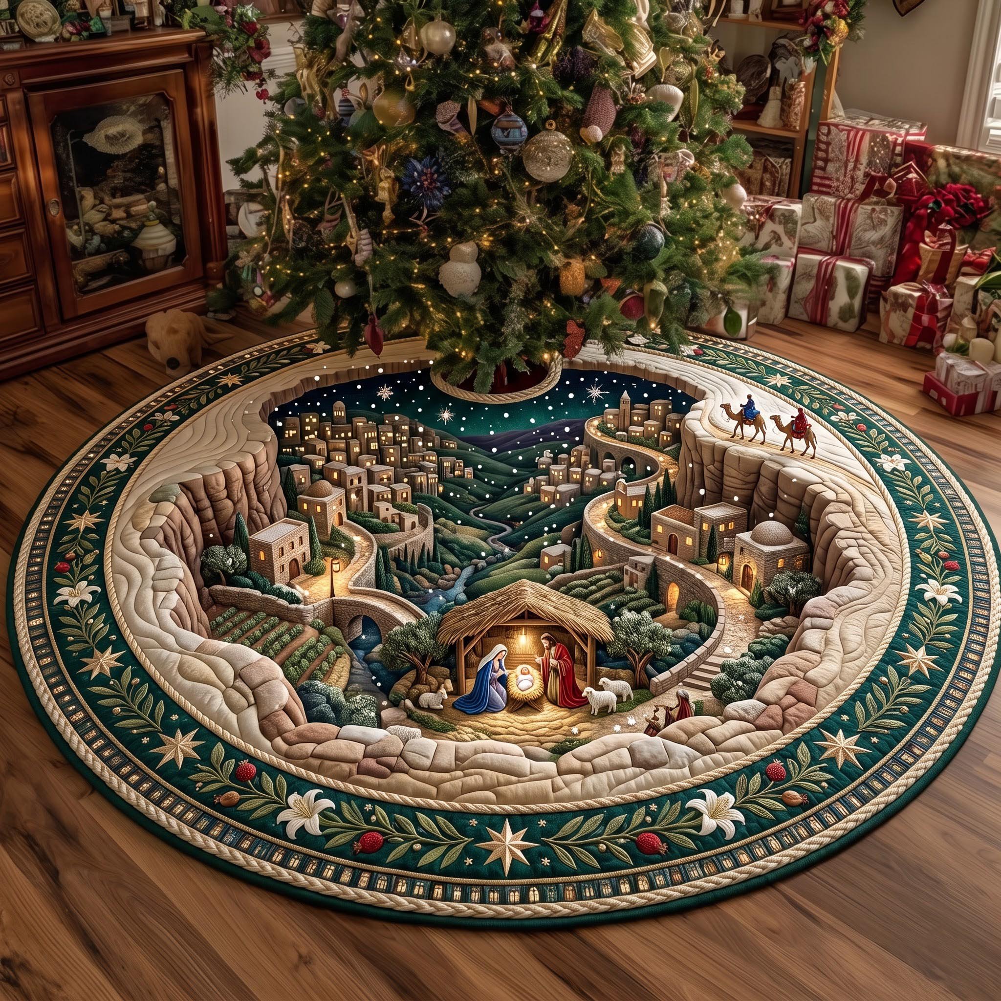 Nativity Village Quilted Tree Skirt