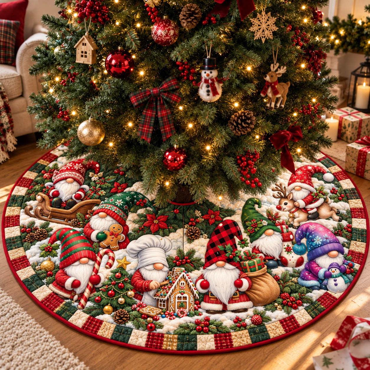 Christmas Gnome Village Quilted Tree Skirt